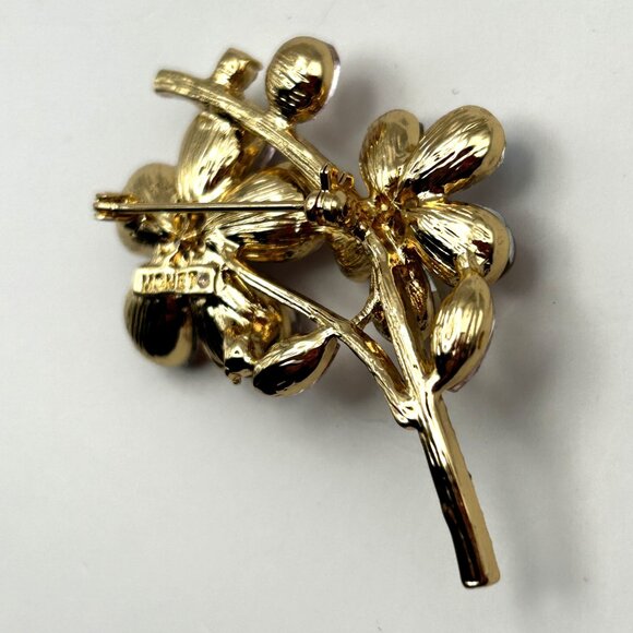 Vintage Monet Floral Brooch Pink Aurora Borealis Rhinestone Gold Tone Pin 2.25” - Picture 7 of 13